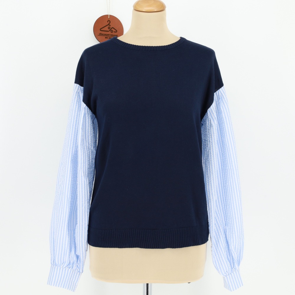 English Factory Navy Knit Mixed Media Sweater Striped Seersucker Sleeves Small